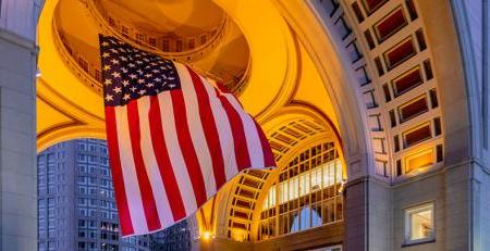 US Flag in Boston harbor hotel rotunda